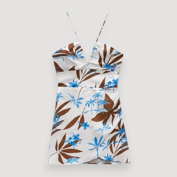 ZARA 100% Linen Tropical Floral Summer Mini Dress XS NWOT | Adjustable Lace-Up - Picture 5 of 12